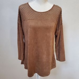 Ny collection tan brown faux suede perforated cutout tunic top fall shirt small